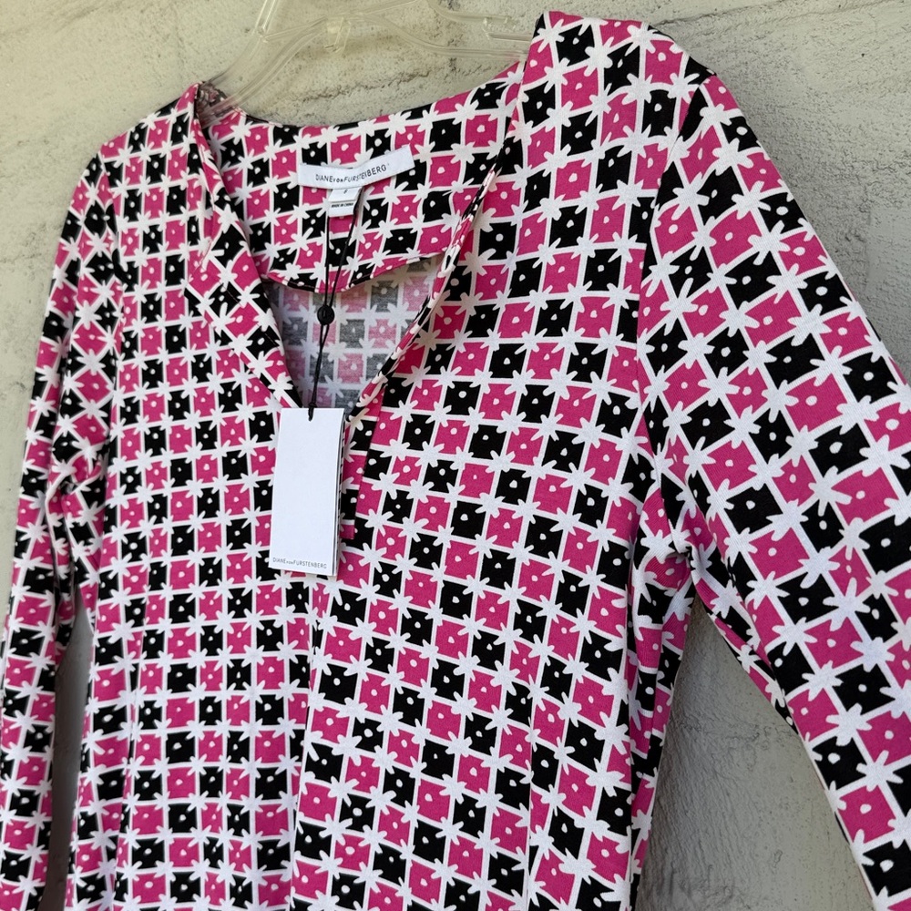 NWT Diane von Furstenberg Reina “Check Dot Pink” Long Sleeve Shift Dress Size 6 - Picture 5 of 14